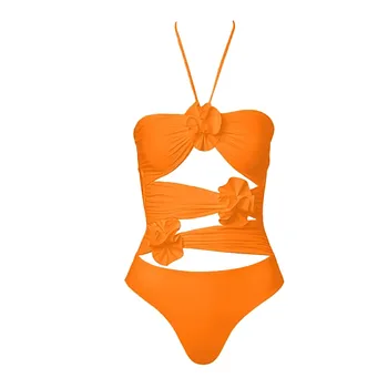 Купальник-бикини, женское 3D цветочное украшение, купальник с вырезом на шее и юбкой-оберткой, комплект купальников для плавания на косточках 5
