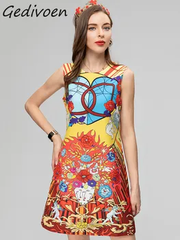 Летнее дизайнерское платье Gedivoen с винтажным рисунком, женское платье с круглым вырезом, без рукавов, повседневный Свободный жилет трапециевидной формы, мини-короткое платье