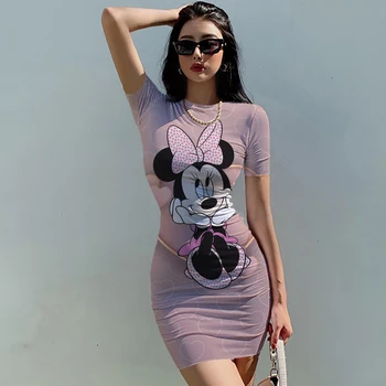 Летнее женское облегающее платье с коротким рукавом, платья Disney Minnie Mickey Mouse, Леопардовый принт, 3D-принт, сексуальное клубное платье для вечеринки