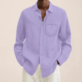 Льняная рубашка из искусственного хлопка, Осенние модные рубашки, однотонная блузка с воротником-лацканом, мужские рубашки с длинным рукавом, блузки, топы