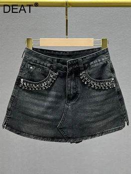 Модная женская джинсовая юбка с высокой талией и узкими карманами, черные мини-юбки с бриллиантами, обтягивающие бедра, летняя новинка 2023, 29L1696, летняя мода