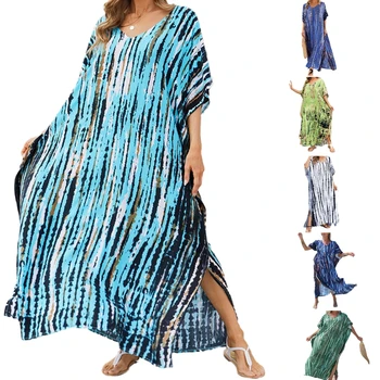Модное длинное платье-халат из полиэстера большого размера, кафтан с принтом, пляжная одежда, женская сексуальная ночная рубашка, прямая поставка для пляжной вечеринки