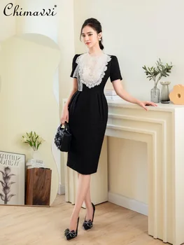 Модное черно-белое сетчатое платье с кружевной вышивкой и лентой 2023, летнее новое приталенное элегантное женское длинное платье для поездок на работу