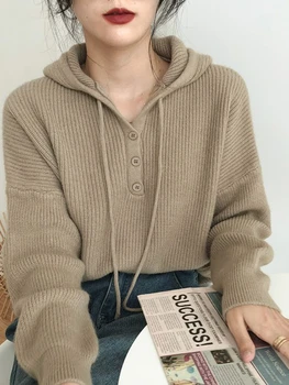 Модные Женские свитера 2023, Корейская осень, Однотонные Свободные Женские Пуловеры, Трикотажный свитер с капюшоном и длинными рукавами на белых пуговицах