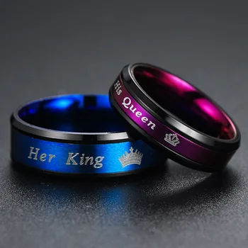 Модные сине-фиолетовые кольца для пары, ювелирные изделия, Ее Король и Его королева, Обручальные кольца из нержавеющей стали для женщин, мужские Обручальные кольца