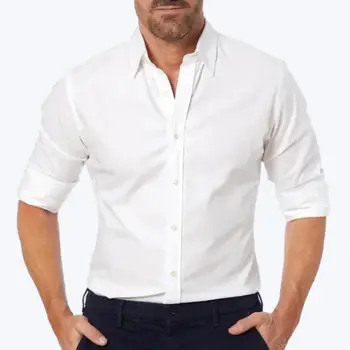 Мужская деловая рубашка, дышащий, впитывающий пот воротник с лацканами, удобная однотонная рубашка с длинным рукавом на пуговицах, топ