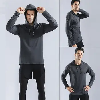 Мужская однотонная эластичная быстросохнущая спортивная одежда для тренировок по бегу с капюшоном Толстовка