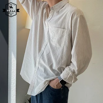 Мужская рубашка с длинными рукавами в вертикальную полоску, уличная одежда, Свободные Повседневные хлопковые тонкие топы с лацканами, Мужская Корейская дышащая рубашка на пуговицах