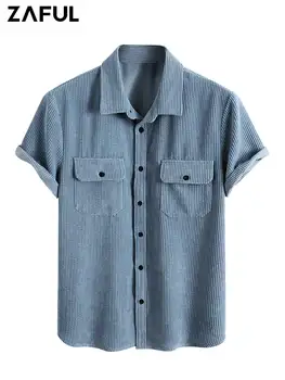 Мужские вельветовые рубашки ZAFUL с передними карманами, однотонная рубашка на пуговицах с коротким рукавом, Летняя уличная одежда, топы унисекс Z4993787