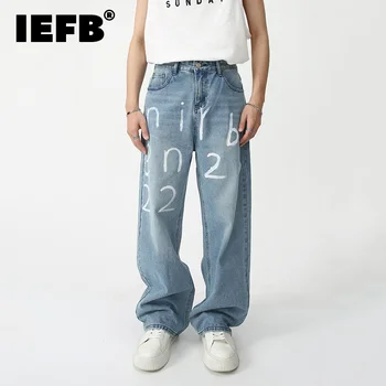 Мужские джинсы с принтом IEFB Summer Tide, свободные прямые джинсовые брюки, персонализированный цифровой дизайн, нишевые уличные брюки 9S3