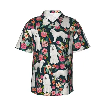 Мужские повседневные гавайские рубашки Great Pyrenees Dog с коротким рукавом, пляжные рубашки на пуговицах, рубашки с тропическим цветочным рисунком