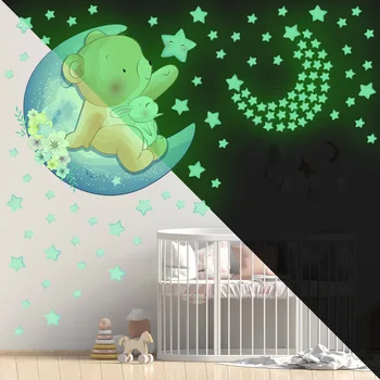 Мультяшные Животные Звезды Светящаяся наклейка на стену для детской комнаты, спальни, украшения дома, Обои, светящиеся в темноте, Комбинированные наклейки