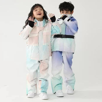 Новые детские лыжные костюмы для девочек и мальчиков, термозащитный костюм для сноуборда с капюшоном, зимние ветрозащитные лыжные куртки, комплекты брюк