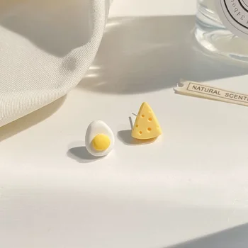 Новые забавные милые мультяшные серьги-гвоздики с жареным яйцом и сыром для женщин, Корейские маленькие асимметричные украшения для ушей, Brincos Оптом