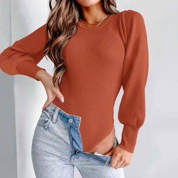 Новый женский пуловер, вязаный однотонными нитками, с высокой талией, с тонким рукавом-фонариком, цельный свитер с низом.