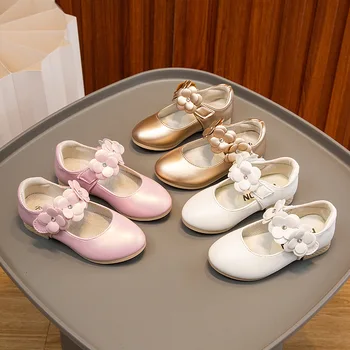 Обувь для девочек 2023 Весна Осень, кожаные туфли принцессы с цветами, Милая Мэри Джейнс, детская обувь на мелкой мягкой подошве, танцевальная обувь для маленьких девочек