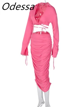 Одесская Розовая Осень, новинка в соответствующих комплектах, женская одежда, мода 2023, Топы с длинными рукавами и юбками с V-образным вырезом и рюшами, сексуальные комплекты из двух предметов 4