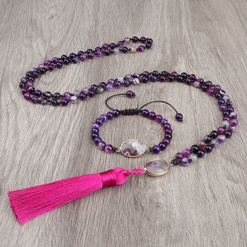 Ожерелье из 108 бусин, Браслет из агата в фиолетовую полоску, камень 6 мм, браслет для женщин, Набор украшений для йоги и медитации, Очаровательные ожерелья из четок Мала