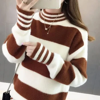 Осенне-зимний женский флисовый утолщенный теплый свитер New Lady, Свободный повседневный пуловер с полувысоким воротником в полоску