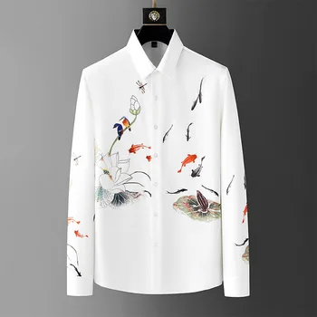 Осенне-летняя мужская рубашка, рубашка с национальным модным принтом, приталенная версия из неглаженой ткани, трендовая универсальная повседневная рубашка 2023 года