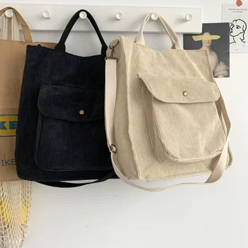 Осенняя вельветовая сумка через плечо, женские винтажные сумки для покупок, студенческая сумка для девочек на молнии, сумки для книг, повседневная сумка-тоут с внешним карманом