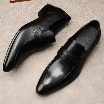 Официальные мужские модельные туфли Мужские слипоны из натуральной кожи Роскошные деловые Оксфордские туфли С острым носком Черные Итальянские мужские лоферы