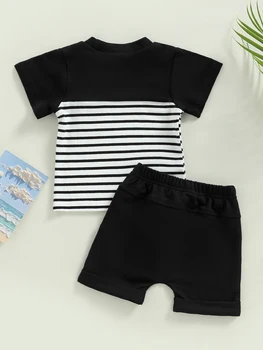 Повседневная одежда для мальчика, футболка в полоску с коротким рукавом, однотонные шорты с эластичным поясом