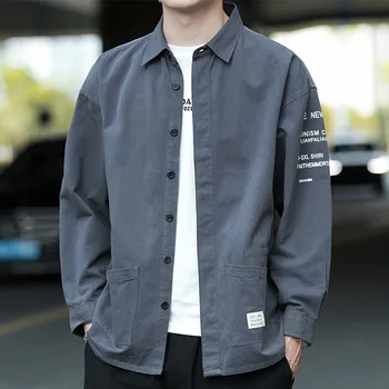 Повседневная рубашка с длинным рукавом, Мужской Хлопковый Кардиган в стиле Пэчворк, Harajuku, Черная Мужская одежда, Модная Корейская одежда 3