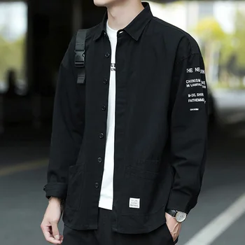 Повседневная рубашка с длинным рукавом, Мужской Хлопковый Кардиган в стиле Пэчворк, Harajuku, Черная Мужская одежда, Модная Корейская одежда 4