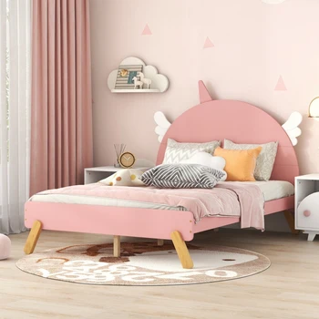 Полноразмерная кровать, детская кровать, Деревянная Симпатичная Кровать С Изголовьем В форме Единорога, Розовая Полноразмерная кровать На Платформе, подходит для детской спальни