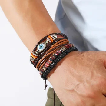 Популярный мужской богемный многослойный браслет из кожи ручной работы с бисером, регулируемый браслет для пары, мужской браслет