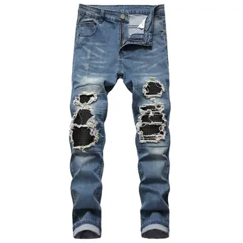Потертые джинсы с узкими штанинами на хай-стрит в Европе и Америке с кожаными эластичными мужскими брюками