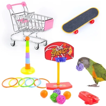 Птица 4 Типа Набор игрушек для попугаев включает Баскетбольную игрушку, игрушку для укладки Скейтборда, Металлическую тележку, Игрушечный мяч, игрушку-вышибалу.