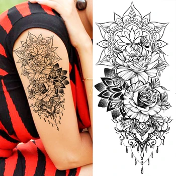 Реалистичная подвеска в виде мандалы в виде цветка розы Временные татуировки для женщин, взрослых, Пион, орхидея, поддельная татуировка, Водонепроницаемая наклейка для татуировки в стиле боди-арт