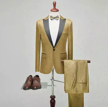 Роскошные Золотые блестящие костюмы для мужчин, 2 предмета Серебряной сценической одежды для певцов темно-синего цвета, вечерние костюмы для джентльменов, Приталенный крой