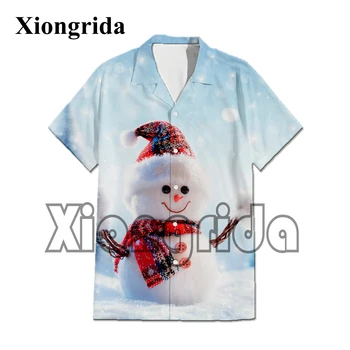 Рубашки с принтом рождественского снеговика, мужская модная рубашка на пуговицах с принтом в стиле X-mas, летняя пляжная блузка, топы в стиле харадзюку, Новинка одежды