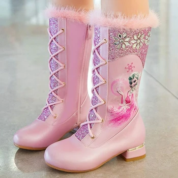 Сапоги на высоком каблуке для девочек Disney, зимние плюшевые сапоги принцессы Эльзы, высокие зимние сапоги, детские длинные сапоги, розовый, красный, размер 26-37