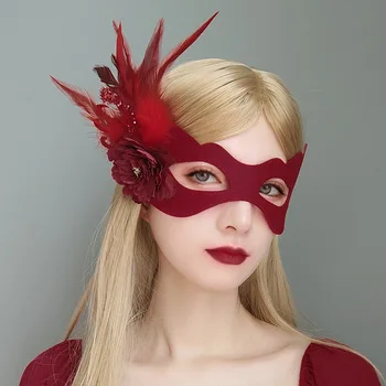 Сексуальная бордовая маска с цветами и перьями, Рождественский макияж для танца живота, костюм на Хэллоуин, Карнавальные аксессуары для выступлений