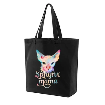 Сумка-тоут Sphynx, женские сумки для покупок в стиле харадзюку, многоразовый мешок для одежды с принтом, черный 0