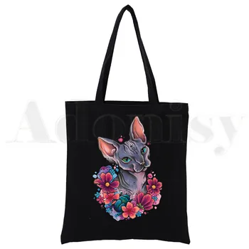 Сумка-тоут Sphynx, женские сумки для покупок в стиле харадзюку, многоразовый мешок для одежды с принтом, черный 3