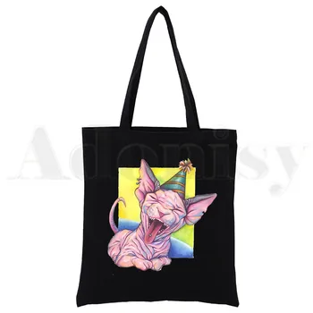 Сумка-тоут Sphynx, женские сумки для покупок в стиле харадзюку, многоразовый мешок для одежды с принтом, черный 4