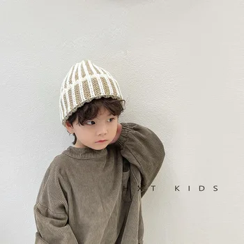 Теплая детская шапка для мальчиков и девочек, модная простая полосатая вязаная крючком шапочка-бини для малышей, осенне-зимняя уличная кепка, реквизит для фотосъемки