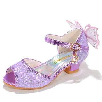 Фиолетовые туфли для девочек на высоком каблуке, сиреневые летние сандалии принцессы для девочек с бабочкой, блестящие сандалии на каблуке, яркая латинская обувь для девочек, блестящие сандалии с бантом для девочек