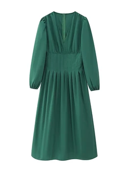 Французское однотонное женское платье миди с V-образным вырезом, длинным рукавом на запястье, высокой талией, складками, платья Женская мода, отпуск, женские платья Осень