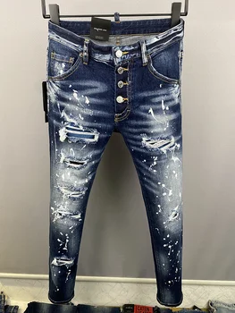 черные мужские джинсы, повседневные джинсовые брюки dsq Coolguy, мужские джинсы с узкими дырочками, сине-серая застежка-молния, Классический карманный стиль 4