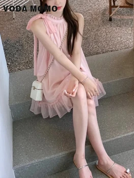Элегантное платье в Корейском стиле, модное платье чистого цвета, женское платье 2023, Новое Летнее милое мини-платье Y2k, женское повседневное платье без рукавов