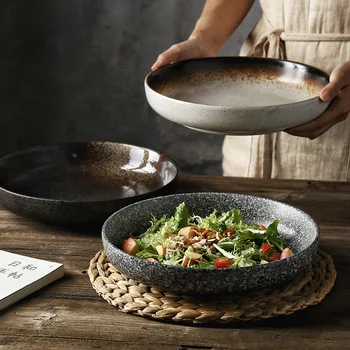 Японские керамические Круглые обеденные тарелки Ретро Суповая тарелка Тарелка для закусок и салатов Домашняя Ресторанная посуда Фарфоровая посуда